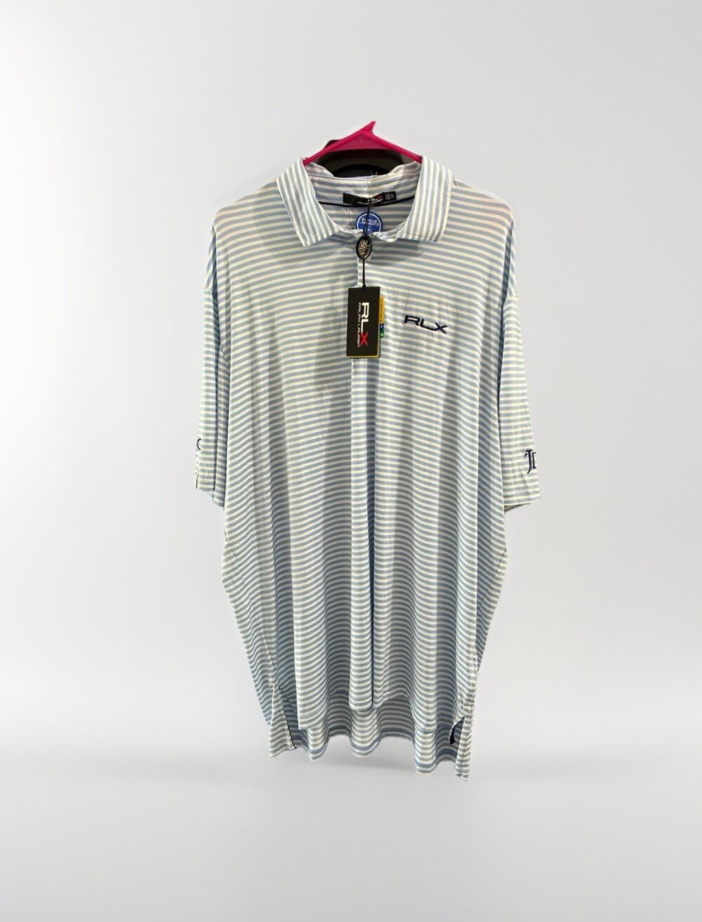 RLX Ralph Lauren Polo Shirt Men’s XXL Golf Performance Striped Blue *Logo AJGA